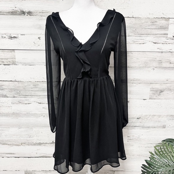 Size 2 Express black mini dress with sheer sleeves and ruffle overlay - Picture 1 of 8